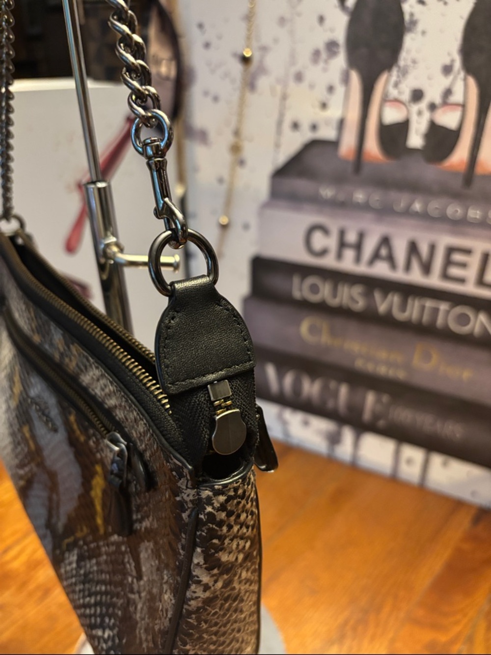Coach 65393 Python Print Leather Wristlet/Clutch/small bag, Gunmetal Chain Strap - Picture 4 of 10